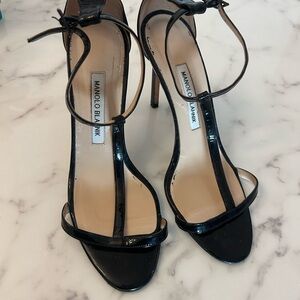 Manolo Blahnik Glossy Black T-Strap Heels